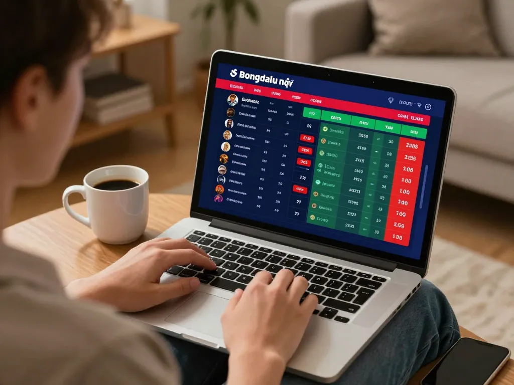 Bongdalu mới user engaging with live betting odds on laptop in cozy home setting.