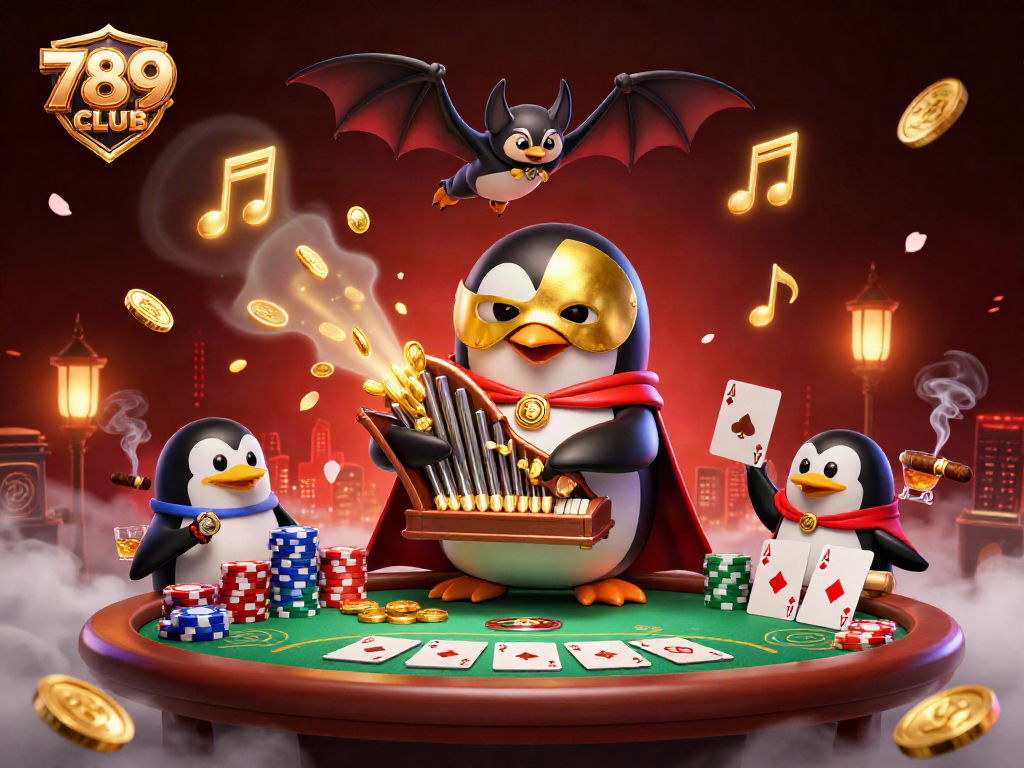 Play at 789CLUB as a penguin entertains with coins and poker elements in a vibrant setting.