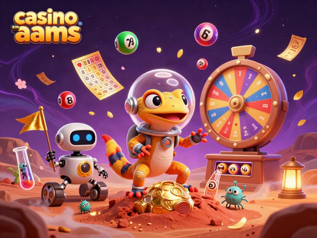 Immagine di un casinò non AAMS su Marte, con un gecko spaziale e robot, ricca di dettagli casinò.