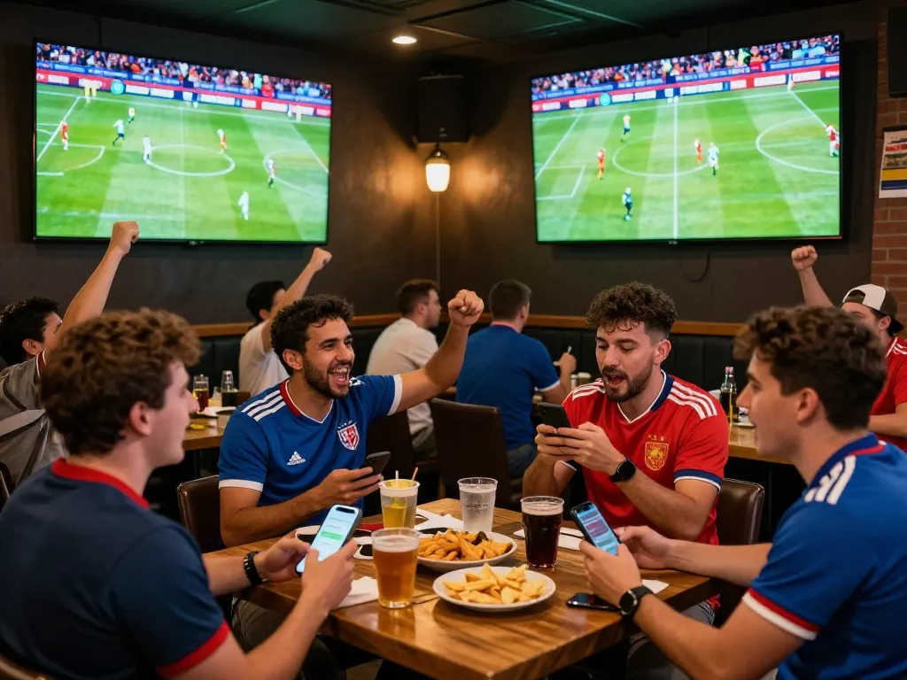Fans celebrating during World Cup 2026 while engaging in live sports betting at a vibrant sports bar.