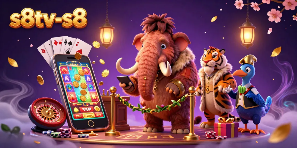 S8TV's vibrant 3D scene depicts a woolly mammoth casino bouncer, a saber-tooth tiger guest, and dodo bird doorman, highlighting engaging casino elements.