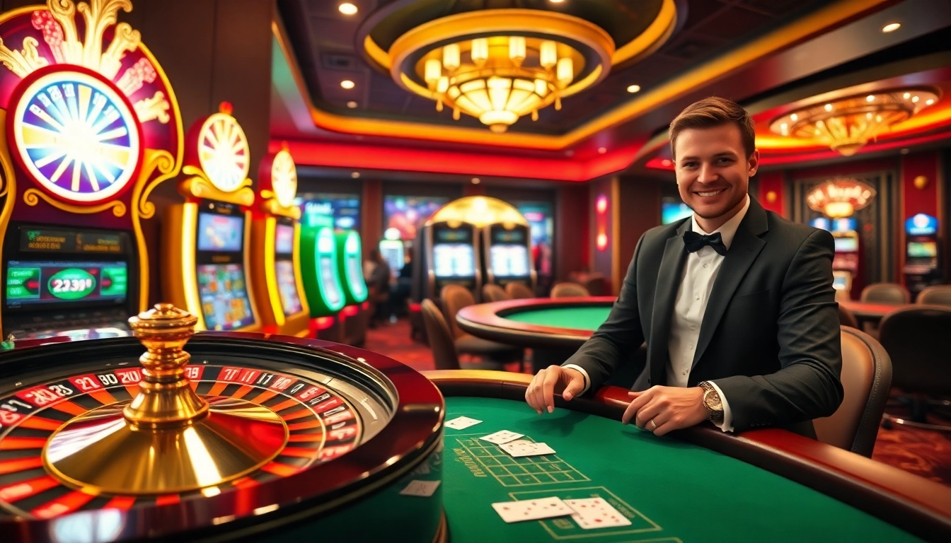 A vibrant casino scene showcasing exciting betting activities at f168 com with roulette wheel and poker table action.