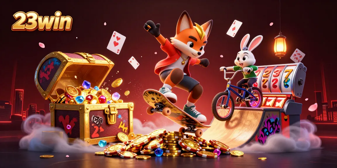 Experience thrilling action with 23win in a dynamic casino-themed scene featuring vibrant characters and games.