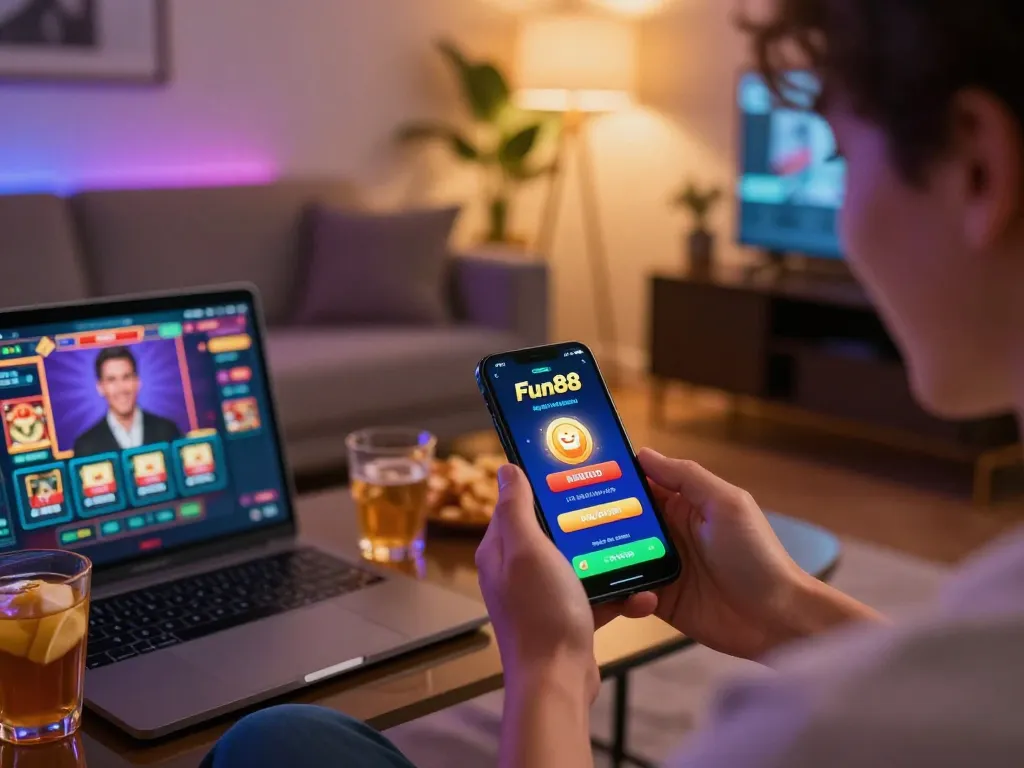 fun88 mobile gaming experience with a winning screen and snacks in a stylish living room setting