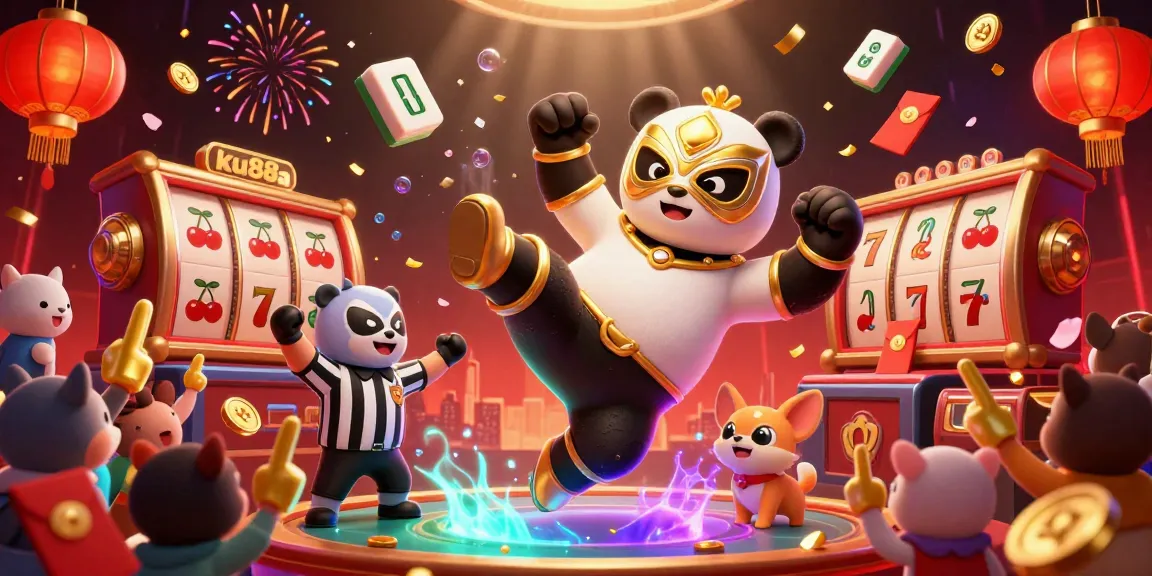 ku88a captures the excitement with a panda wrestler and engaging casino elements in a vibrant 3D scene.