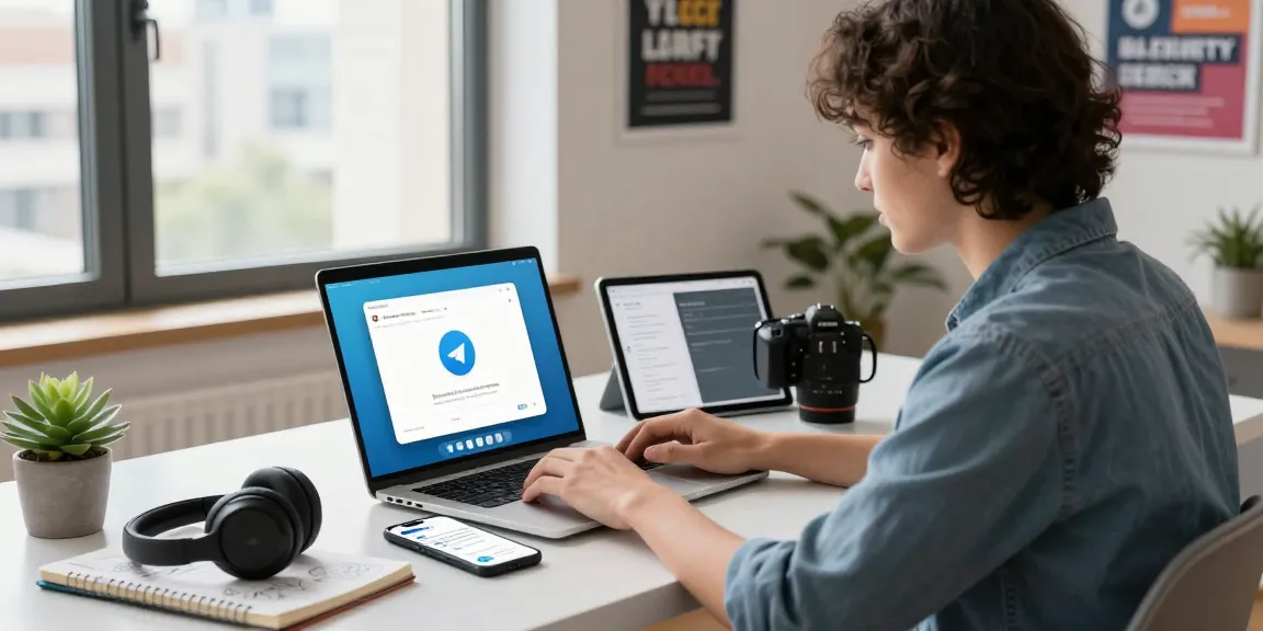 Modern workspace illustrating Telegram download on laptop, with city views and coffee.
