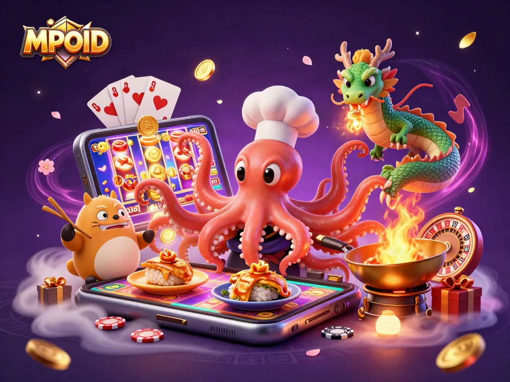 MPOID showcases vibrant 3D illustration with octopus chef, dragon, and dynamic gaming actions.