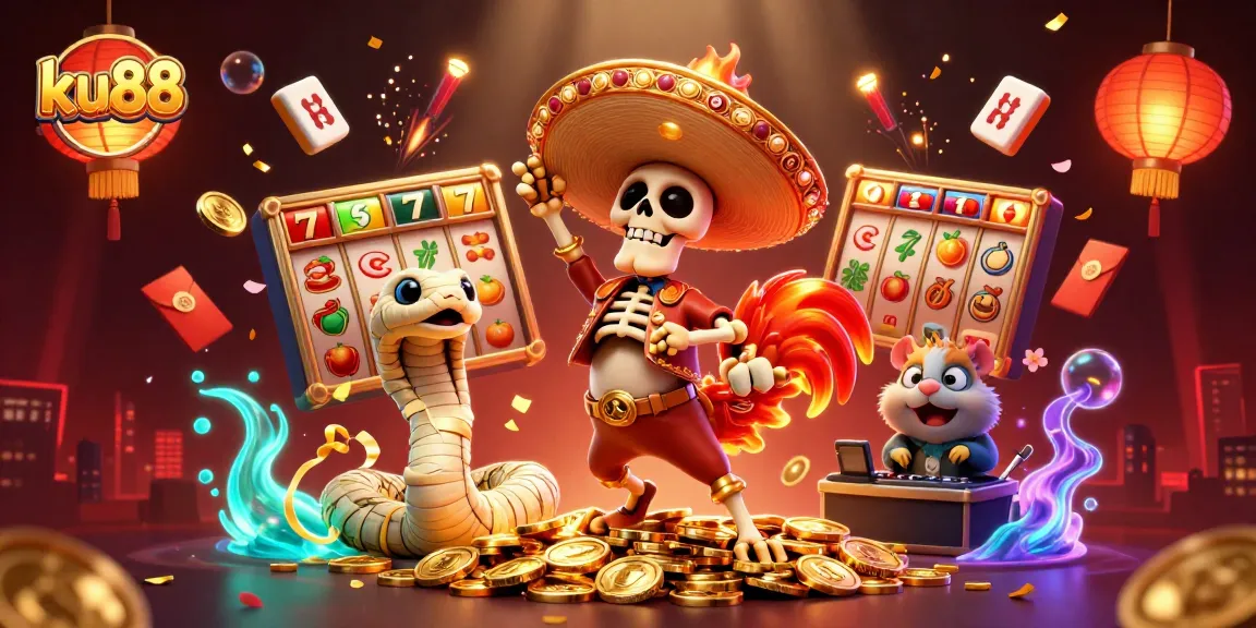 Engage in exciting gameplay at ku88 with vibrant slots and festive characters celebrating a jackpot.