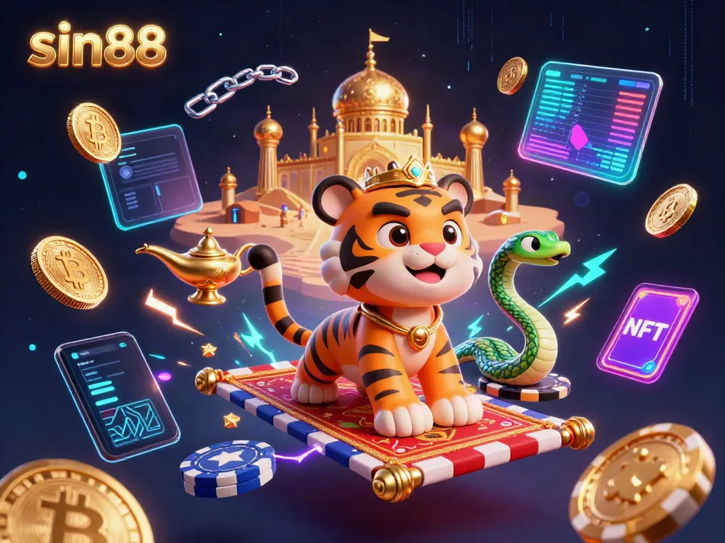 Experience exciting wins at sin88 with a vibrant scene featuring a tiger sultan and crypto elements.