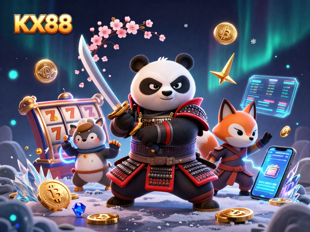 Experience the excitement of KX88’s dynamic gaming world featuring samurai, fox, and tanuki amidst vibrant casino elements.