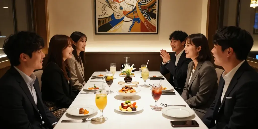 강남구구단 쩜오에서 친구들과 즐거운 저녁 식사를 하는 장면, 고급 주류와 안주로 꾸며진 테이블.