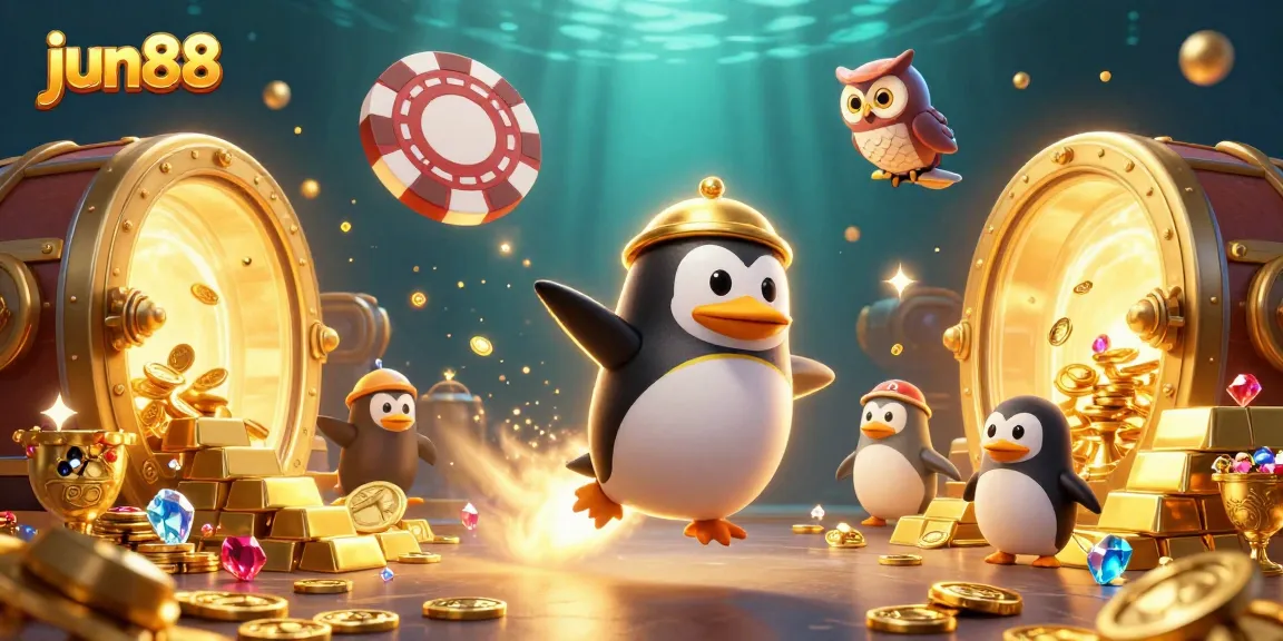 Experience thrilling bets at jun88 with a dynamic visual of a golden penguin racing towards a casino.