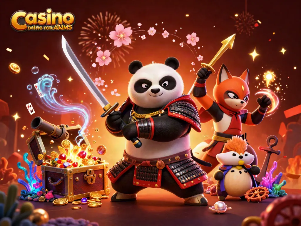 Gioca ai casinò online non AAMS con un panda samurai e una volpe ninja in un'illustrazione 3D vivace.