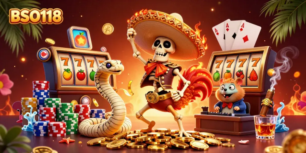 Experience the excitement of BSO118 with a vibrant 3D illustration featuring a mariachi rooster, mummy snake, and zombie DJ celebrating on slots.