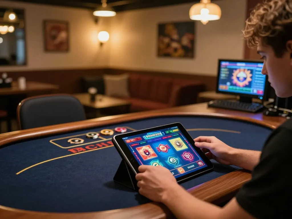 Engaged player using tablet for online casino gaming with lienminhkjc interface, cozy atmosphere.