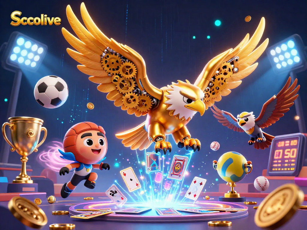Socolive showcases a dynamic scene with a cybernetic eagle soaring through holographic playing cards in an energetic gambling atmosphere.