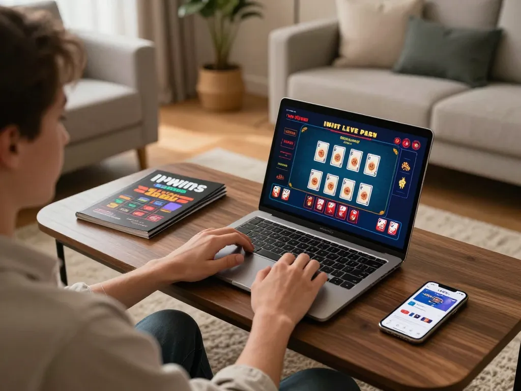 IWIN player enjoying live casino gaming experience at home with immersive setup and strategy guide.
