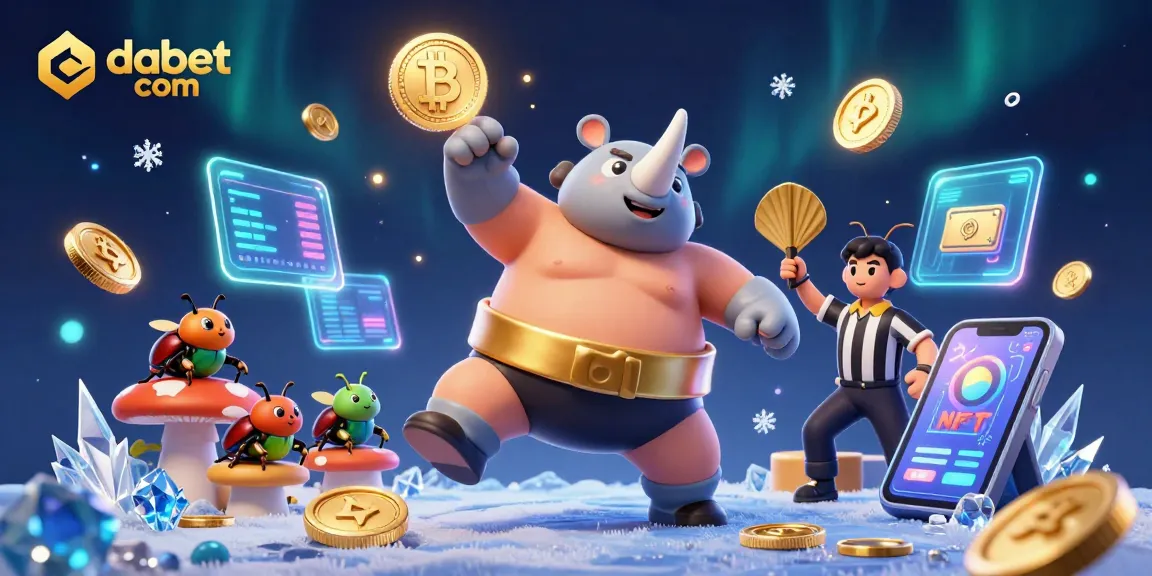 Witness exciting gameplay at dabet com with a beetle sumo champion amidst flying crypto coins and cheering spectators.
