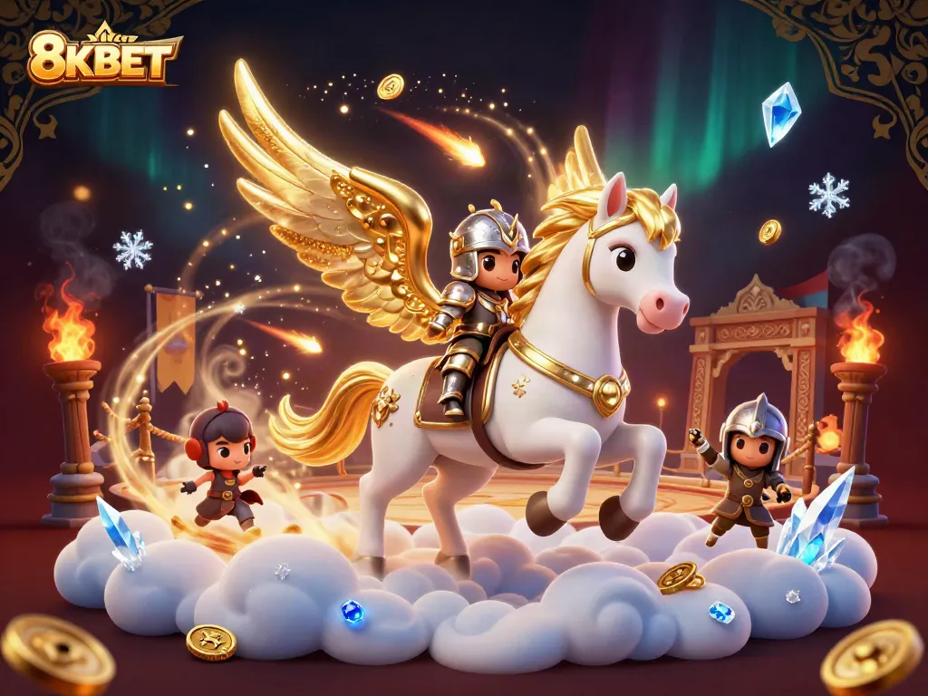 Engage in thrilling gaming action at 8KBETCOM with a dynamic 3D illustration of a celestial horse and knight.