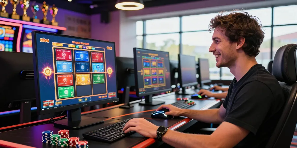Player enjoying online credit card slots at a modern gaming desk with vibrant visuals and casino ambiance.