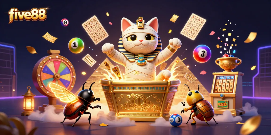 Engage with five88's vibrant online casino universe through this cartoon illustration featuring a mummy cat and a scarab beetle.