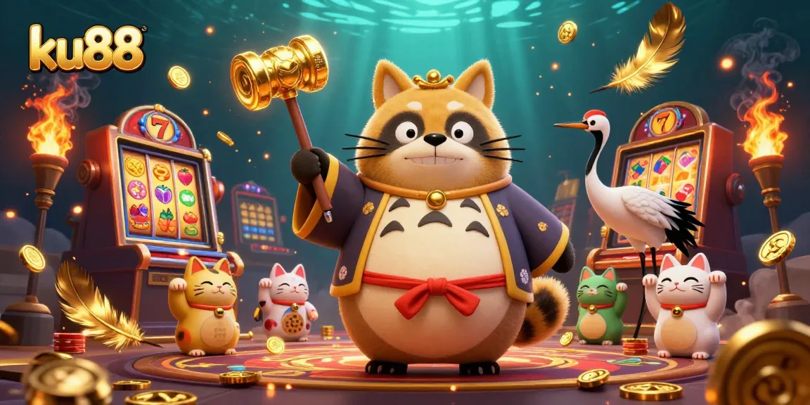 ku88 casino features cheerful tanuki and colorful fortune cats in a dynamic 3D illustration.