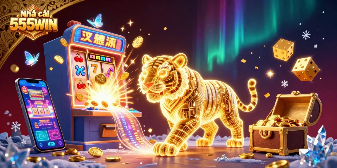 Experience the thrill of gambling at Nhà cái 555WIN with vibrant casino elements and a golden tiger icon.