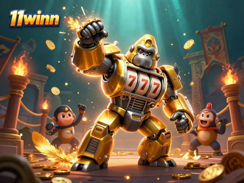 Experience thrilling action with 11winn's golden gorilla mech in a vibrant casino scene filled with excitement.