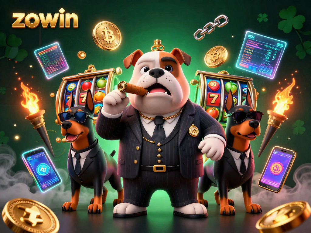 Engage with Zowin's vibrant casino scene featuring a mafia boss bulldog and crypto elements.