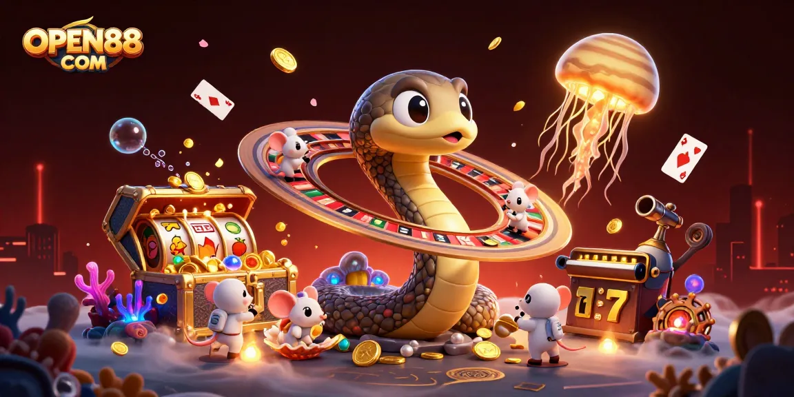 Bet on OPEN88 COM with vibrant cosmic casino scene featuring playful astronaut mice and jackpot elements.