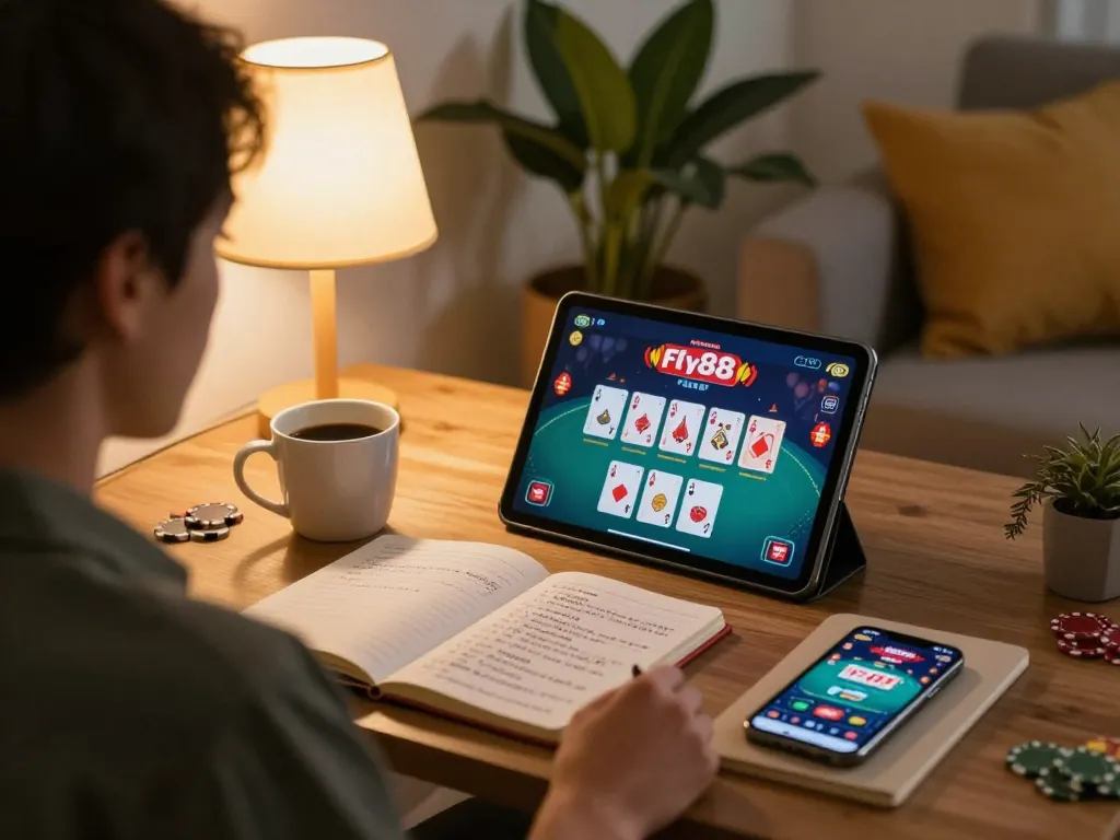 Person enjoying casino fly88 gameplay on a tablet with cozy home atmosphere and strategy notes