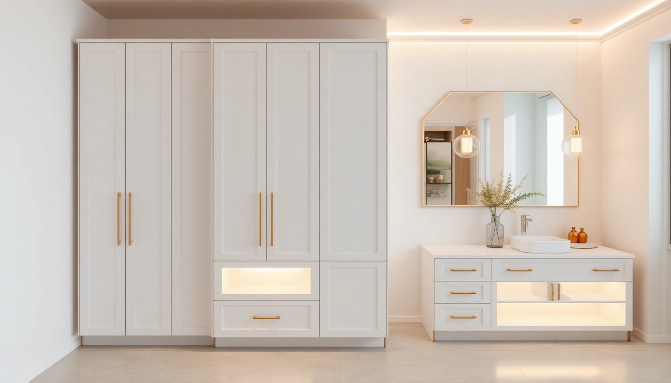Showcasing elegant illuminated bathroom cabinets enhancing a modern vanity, with soft lighting and stylish design.