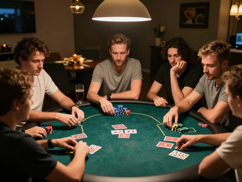 Friends enjoying a competitive poker night at home, showcasing 789betcom's engaging gaming experience.