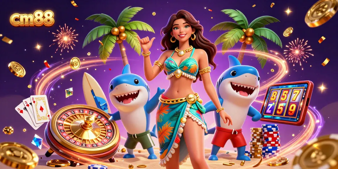 Win big at cm88 with vibrant casino fun featuring a glamorous woman, surfer shark, and exciting gaming elements.