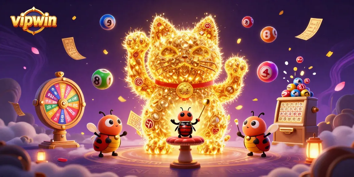 Experience the excitement of vipwin with a vibrant 3D illustration showcasing a lucky cat and dynamic gambling elements.