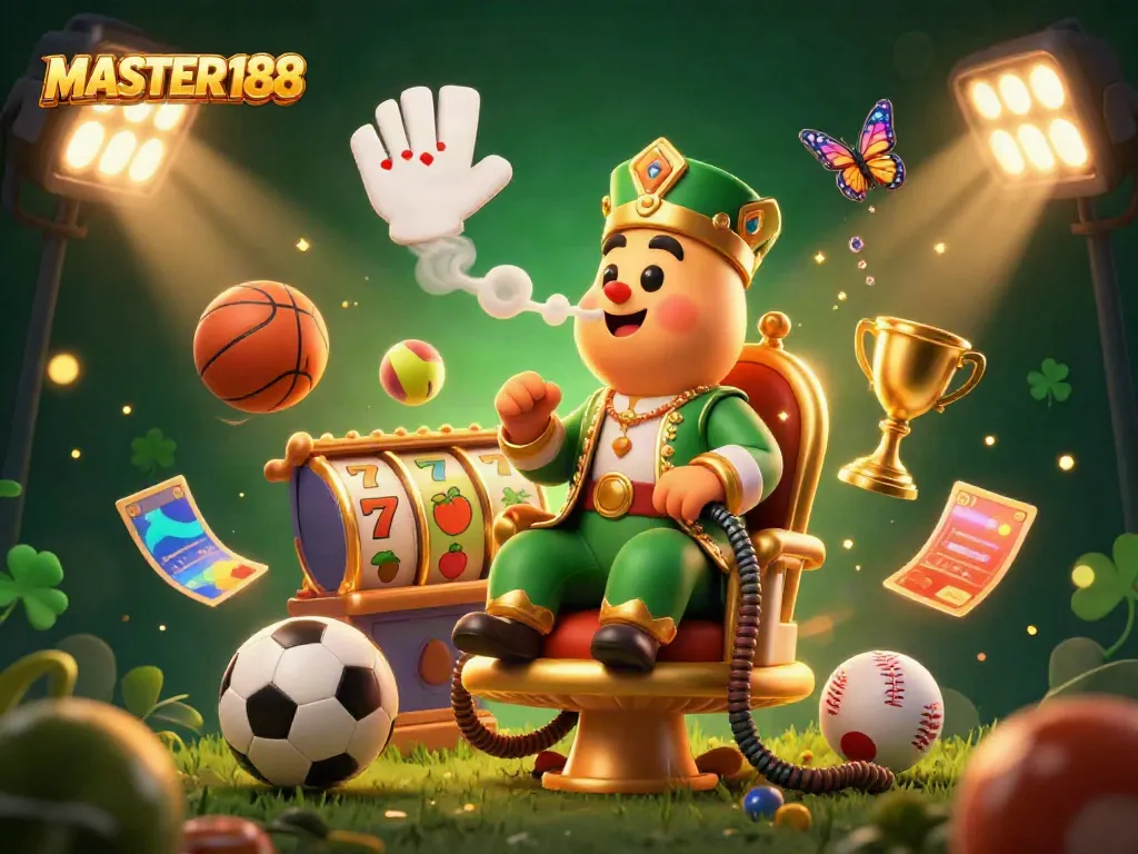 Engage with MASTER188's vibrant casino scene showcasing a caterpillar hookah-master amidst slot reels and jackpot symbols.
