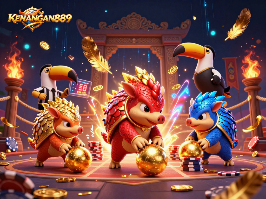 Experience KENANGAN889 as cartoon pangolins roll through poker chips in a festive casino scene.