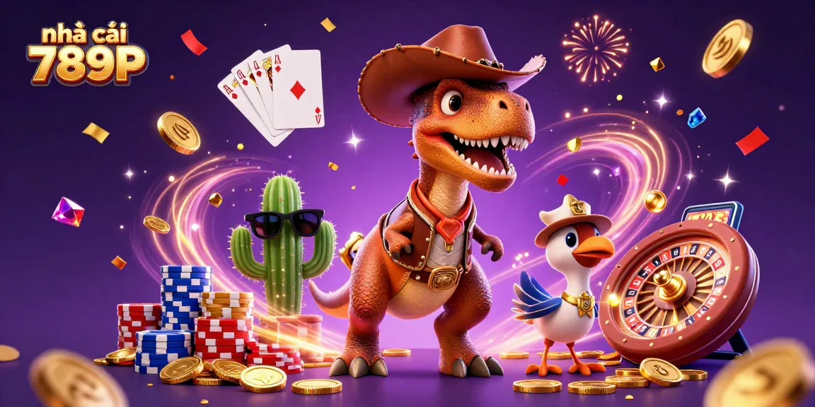 Experience excitement at nhà cái 789P with vibrant casino characters surrounded by sparkling winnings.