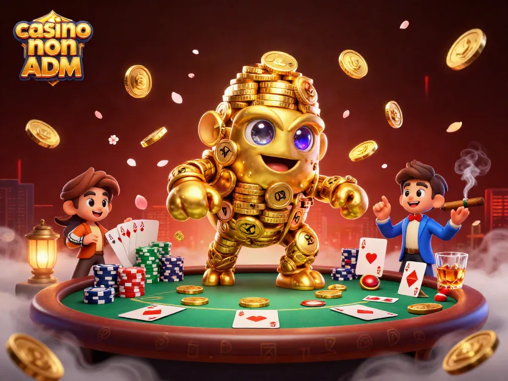 Gioca ai casino non ADM con un golem d'oro e un tavolo da poker pieno di chip colorate.