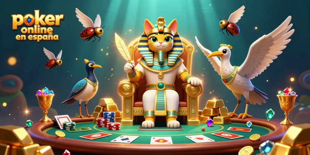Disfruta del póker online en España con nuestros personajes del antiguo Egipto en este vibrante diseño.