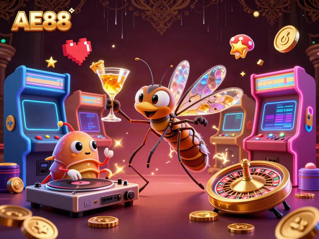 Experience AE88 as a playful casino world with vibrant characters, golden cocktails, and interactive game elements.