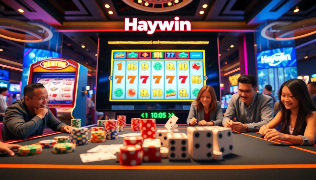 Experience the excitement of Haywin with vibrant slot machines and enthusiastic players enjoying online gaming.
