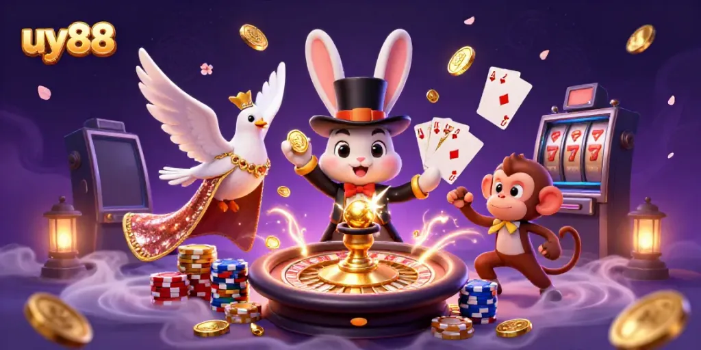 Experience the magic of uy88 casino with a thrilling rabbit, dove, and monkey trio interacting dynamically.