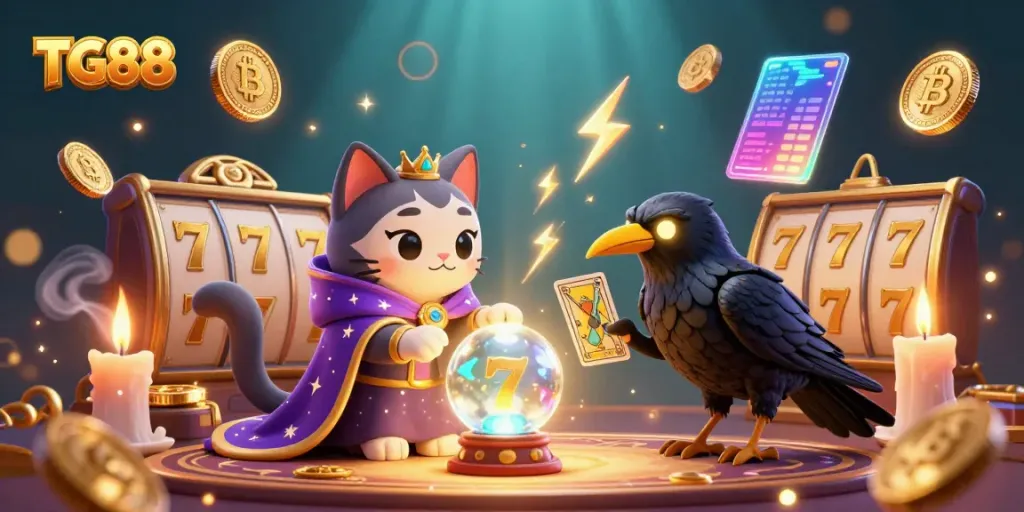 Experience the magic of TG88 in a vibrant, animated casino scene with lucky charms and glowing treasures.