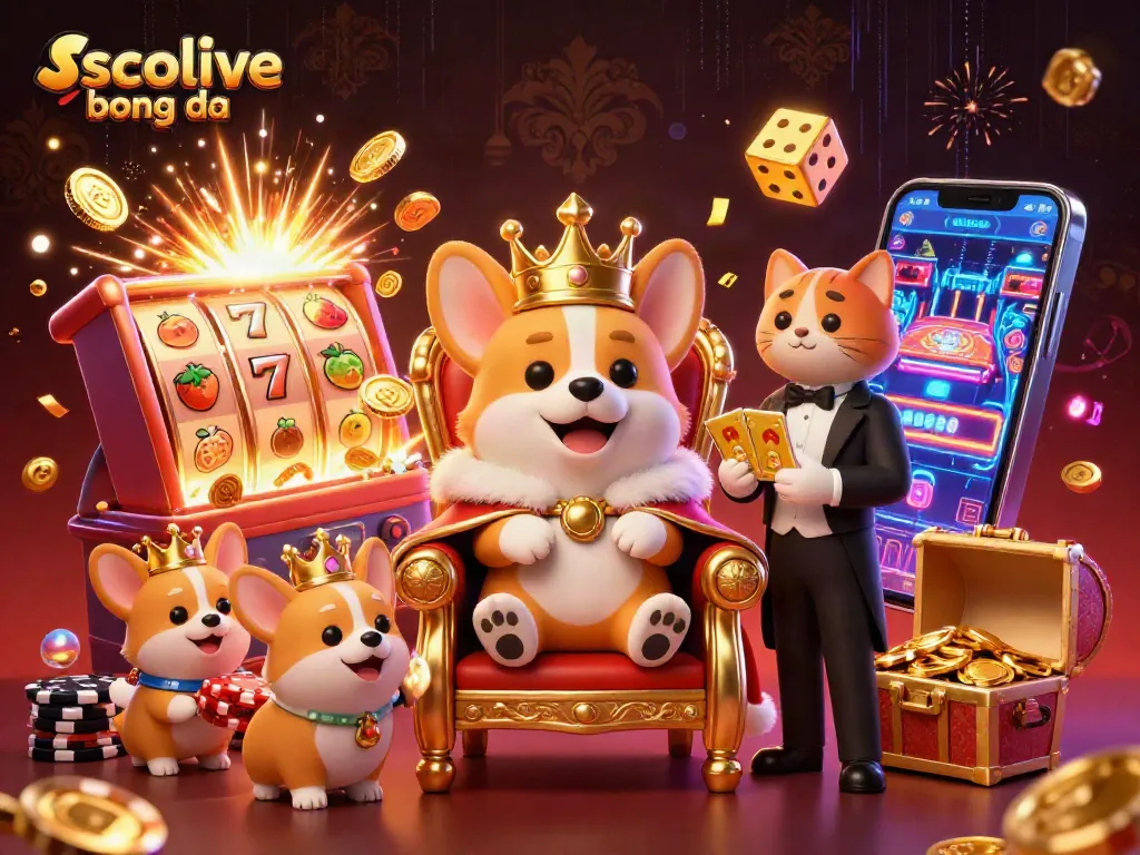 Socolive bong da features a royal corgi on a throne surrounded by slot machines and gold coins.