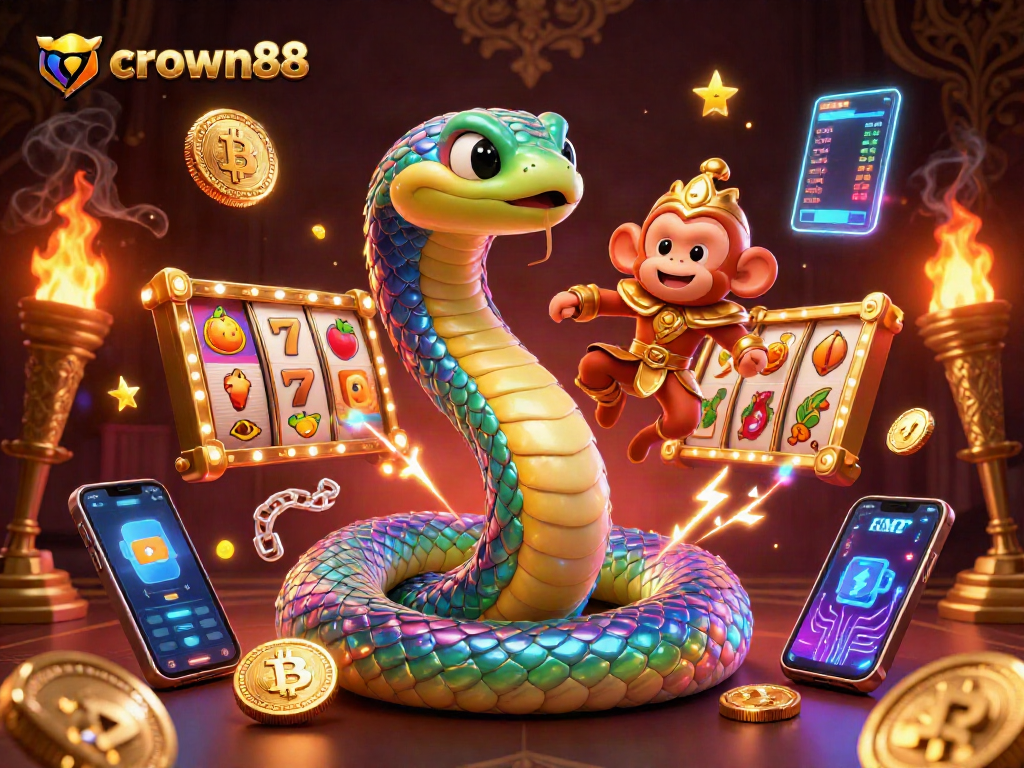 Engage with crown88's vibrant casino adventure through a dynamic 3D illustration filled with captivating gaming elements.