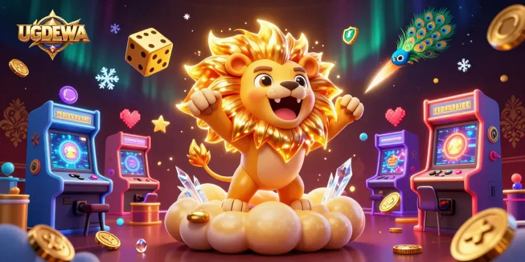 Engage with thrilling UGDEWA games while the vibrant sun lion and golden dice illuminate the casino atmosphere.