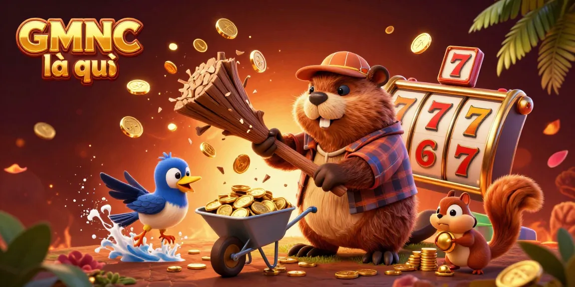 Engaging illustration showing GMNC là gì through a lively casino scene filled with exciting slot elements and animated characters.