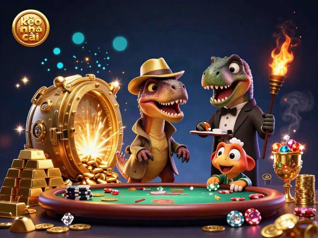 Experience kèo nhà cái with dynamic characters in a vivid casino scene filled with treasures and excitement.
