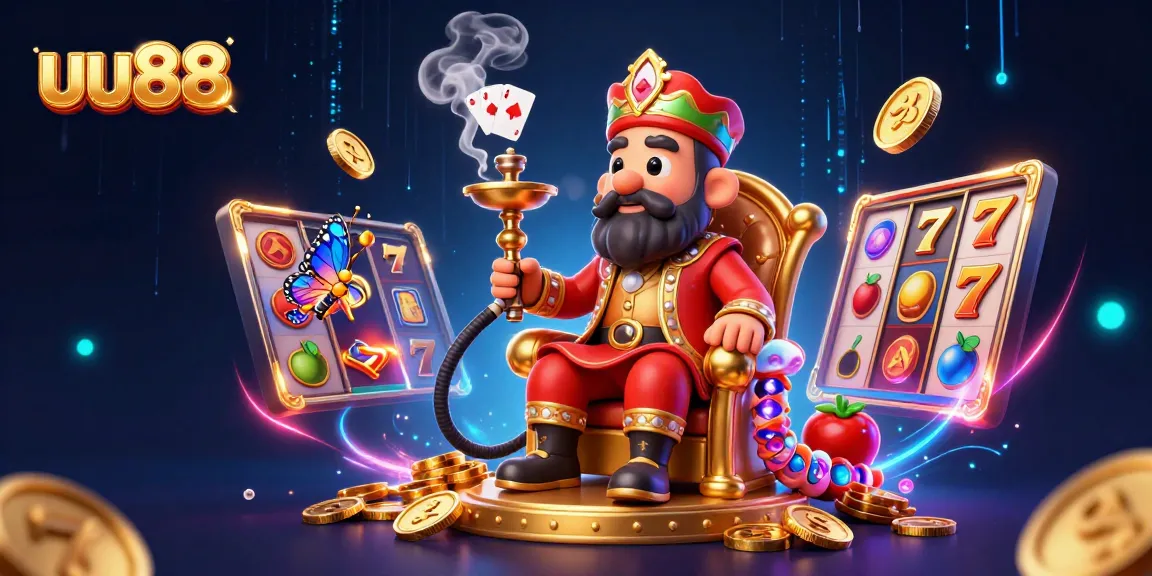 Experience thrilling games at uu88 with a vibrant 3D casino world featuring slot symbols and cash elements.